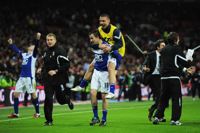 LONDON, ENGLAND - FEBRUARY 27: Keith Fahey and Kevin Phillips of Birmingham City celebrate victory during the Carling Cup Final between Arsenal and Birmingham City at Wembley Stadium on February 27, 2011 in London, England.  (Photo by Shaun Botterill/Getty Images)