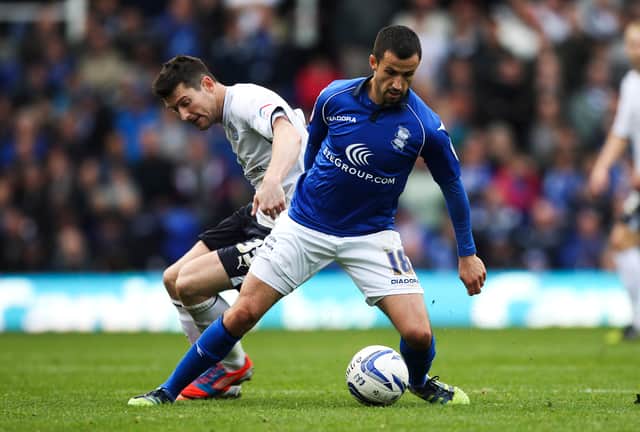 <p>BIRMINGHAM, ENGLAND - OCTOBER 20:  Keith Fahey of Birmingham holds off pressure from David Nugent of Leicester during the npower Championship match between Birmingham City and Leicester City at St. Andrews Stadium on October 20, 2012 in Birmingham, England. (Photo by Ben Hoskins/Getty Images)</p>