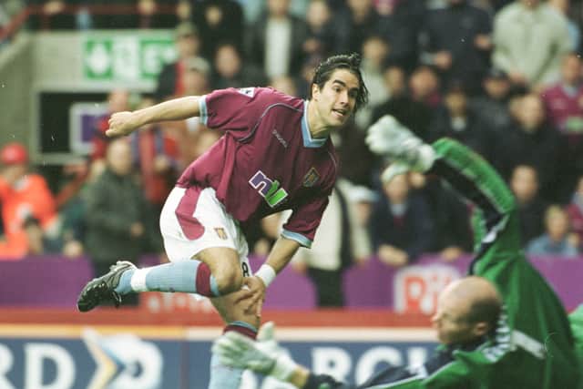30 Sep 2001:  Juan Pablo Angel of Villa scores during the match between Aston Villa and Blackburn Rovers in the FA Barclaycard Premiership at Villa Park, Birmingham Mandatory Credit: Stu Forster/ALLSPORT