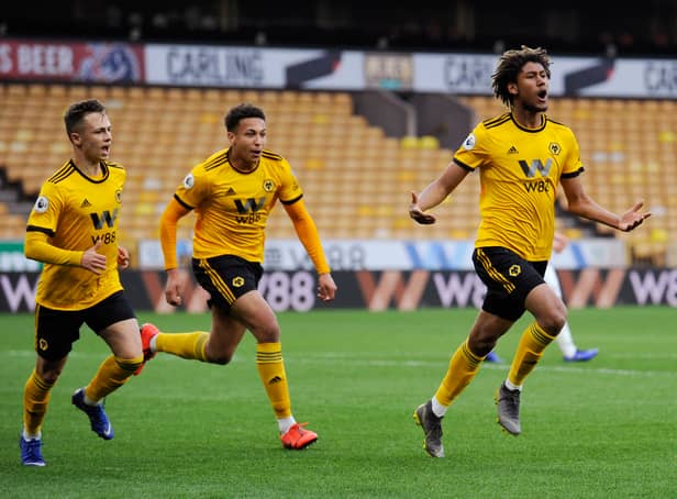 <p>WOLVERHAMPTON, ENGLAND - APRIL 15: Dion Sanderson of Wolverhampton Wanderers celebrates scoring his team's first goal during the Premier League 2 match between Wolverhampton Wanderers U23 and Stoke City U23 at Molineux on April 15, 2019 in Wolverhampton, England. (Photo by Alex Burstow/Getty Images)</p>