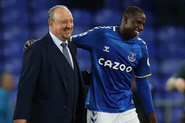 Manager Rafa Benitez celebrates Everton’s defeat of Burnley with Abdoulaye Doucoure. Picture: Clive Brunskill/Getty Images