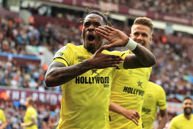  Ivan Toney of Brentford celebrates after scoring their sides first goal  (Photo by David Rogers/Getty Images)