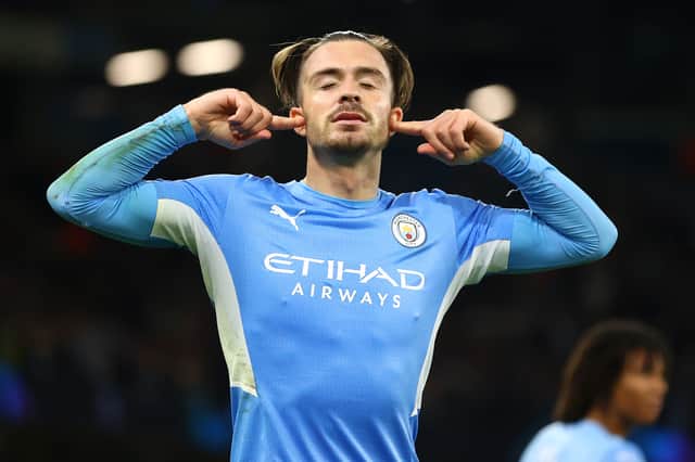 Jack Grealish of Manchester City celebrates after scoring their side’s fourth goal during the UEFA Champions League group against  RB Leipzig at the Etihad Stadium (Photo by Michael Steele/Getty Images).  