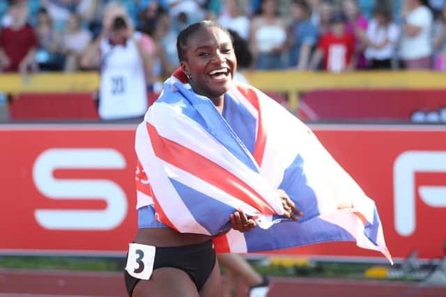 Dina Asher-Smith celebrates winning the women’s 100m final during Day One of the Muller British Athletics Championships 2019 at the at Alexander Stadium (Photo by Alex Morton/Getty Images)