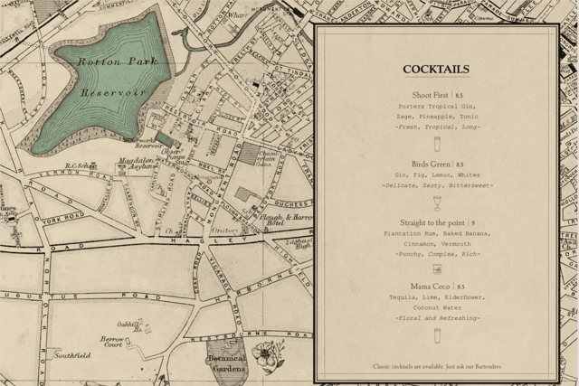 The menu is printed on copies of old maps of Birmingham
