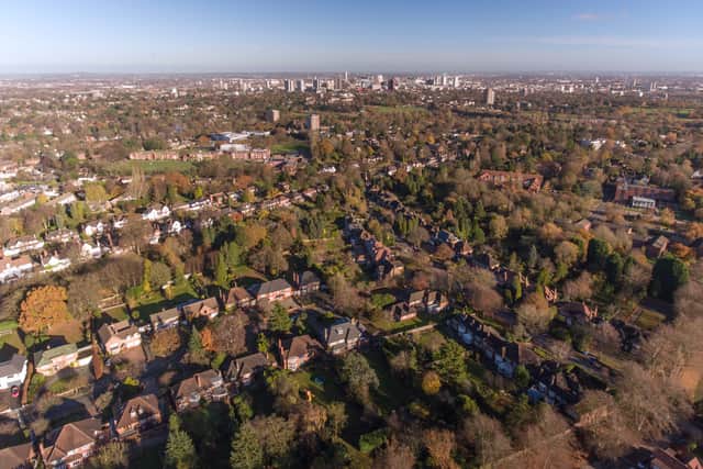 Aerial view of Birmingham city centre from over a residential area.
