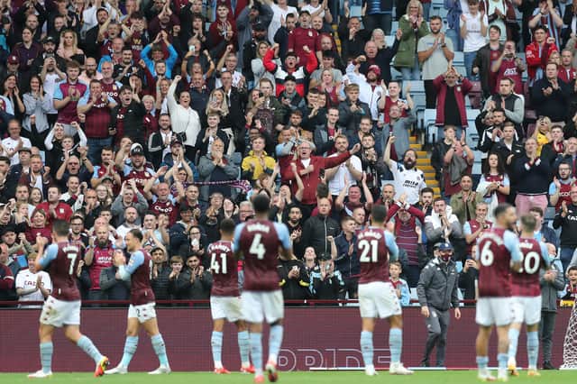 Aston Villa fans applaud the team following victory in the Premier League match between Aston Villa and Newcastle United at Villa Park on August 21, 2021 in Birmingham, England. (Photo by Alex Morton/Getty Images)