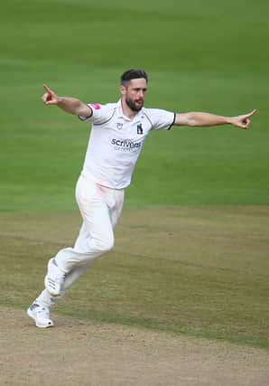Chris Woakes of Warwickshire celebrates after taking the wicket of Jack Leach of Somerset during Day Four of the LV= Insurance County Championship match between Warwickshire and Somerset at Edgbaston on September 24, 2021 in Birmingham, England. (Photo by Harry Trump/Getty Images)