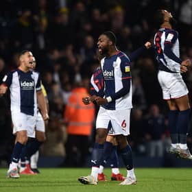 Semi Ajayi celebrates at the final whistle during the Sky Bet Championship match between West Bromwich Albion and Birmingham City at The Hawthorns(Photo by Nathan Stirk/Getty Images)