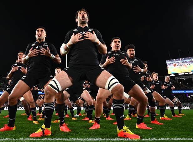 <p>Rieko Ioane, Samuel Whitelock, Codie Taylor of the All Blacks perform the haka with the team ahead of the Rugby Championship and Bledisloe Cup match between the New Zealand All Blacks and the Australia Wallabies at Eden Park on August 07, 2021 in Auckland, New Zealand</p>