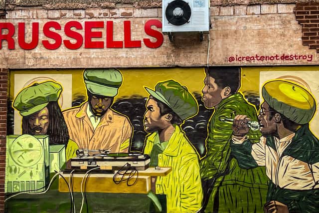 Downlow arts trail in Lozells: reggae band Siffa Sound System at Handsworth Carnival in 1983