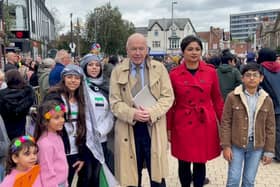 Jack Dromey MP with residents in October when a giant puppet representing a Syrian girl visited Erdington High Street