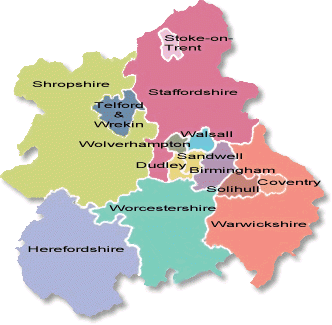 Areas covered by West Midlands Ambulance Service 