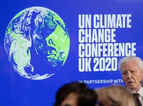 Sir David Attenborough pictured with the COP26 logo before the climate change summit was postponed due to the Covid-19 pandemic (image: Getty Images)
