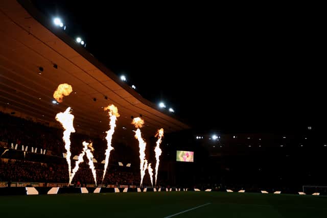General view of the pyrotechnic show inside the stadium ahead during the Premier League match between Wolverhampton Wanderers and Everton at Molineux