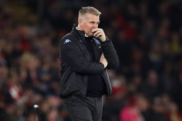 Dean Smith, Manager of Aston Villa reacts during the Premier League match between Southampton and Aston Villa at St Mary's Stadium on November 05, 2021 in Southampton, England