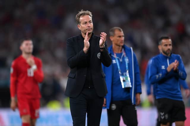 Kasper Hjulmand, Head Coach of Denmark applauds the fans after the UEFA Euro 2020 Championship Semi-final match between England and Denmark at Wembley Stadium