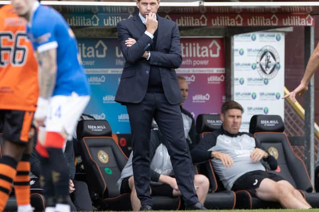 Steven Gerrard, manager of Rangers at the during the Cinch Scottish Premiership match between Dundee United and Rangers FC at  on August 7, 2021 in Dundee, United Kingdom. (Photo by Steve Welsh/Getty Images)