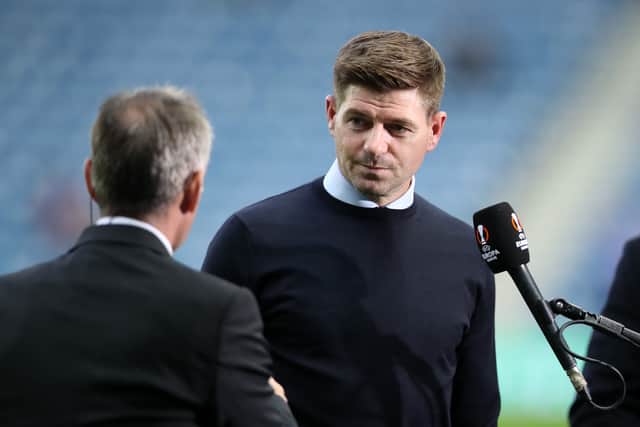 Steven Gerrard, Head Coach of Rangers speaks to the media prior to the UEFA Europa League group A match between Rangers FC and Olympique Lyon at Ibrox Stadium on September 16, 2021 in Glasgow, Scotland. (Photo by Ian MacNicol/Getty Images)