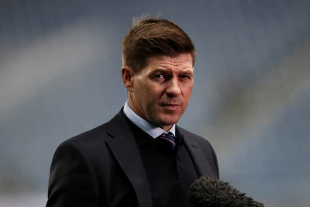Steven Gerrard, Manager of Rangers is interviewed prior to the UEFA Europa League group A match between Rangers FC and Brondby IF at Ibrox Stadium on October 21, 2021 in Glasgow, Scotland. (Photo by Ian MacNicol/Getty Images)
