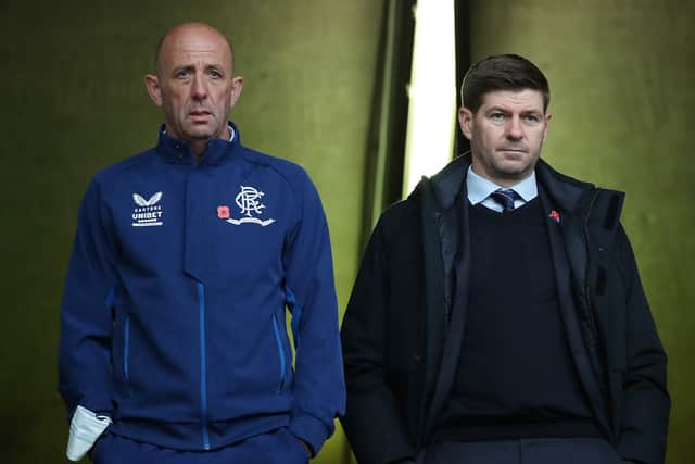 Rangers manager Steven Gerrard and his assistant Gary McAllister look on prior to the Cinch Scottish Premiership match between Motherwell FC and Rangers FC at  on October 30, 2021 in Motherwell, Scotland. (Photo by Ian MacNicol/Getty Images)