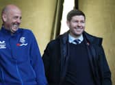 Steven Gerrard, Head Coach of Rangers and his assistant Gary McAllister interact prior to the Cinch Scottish Premiership match between Motherwell FC and Rangers FC