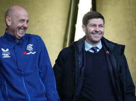 Steven Gerrard, Head Coach of Rangers and his assistant Gary McAllister interact prior to the Cinch Scottish Premiership match between Motherwell FC and Rangers FC