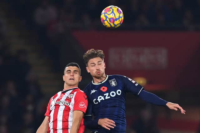 Southampton’s Morrocan-born Norwegian midfielder Mohamed Elyounoussi jumps for the ball against Aston Villa’s English defender Matty Cash