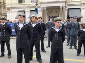 Cadets standing to attention during the 2021 Remembrance Parade in Colmore Row, Birmingham