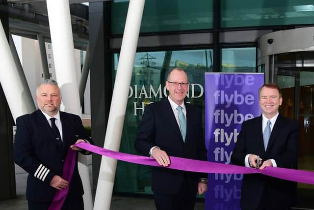 Director of flight operations at Flybe Mark Firth, Birmingham Airport chief executive Nick Barton, David Pflieger of Flybe, West Midlands mayor Andy Street and and Flybe head of air crew Cindy Lewis