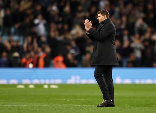 Steven Gerrard, Manager of Aston Villa applauds fans after their sides victory in the Premier League match between Aston Villa and Brighton & Hove Albion at Villa Park 