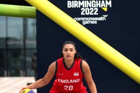 Team England Basketball player Dominique Allen in Centenary Square on July 14, 2020 in Birmingham, England.  (Photo by Alex Pantling/Getty Images for Commonwealth Games England)