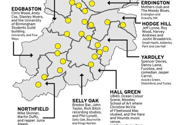 Birmingham Musical Routes map shows train stations and the music hero associated with each neighbourhood
