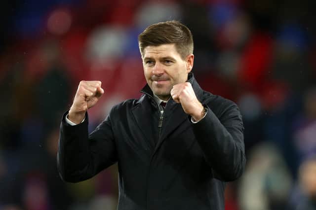 Steven Gerrard, Manager of Aston Villa celebrates after victory in  the Premier League match between Crystal Palace and Aston Villa