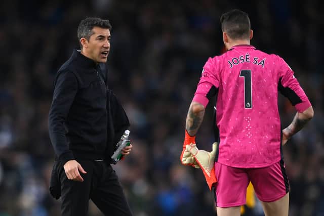 Wolves goalkeeper Jose Sa talks with Head Coach Bruno Lage after the Premier League match between Leeds United and Wolverhampton Wanderers