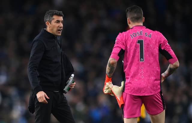 Wolves goalkeeper Jose Sa talks with Head Coach Bruno Lage after the Premier League match between Leeds United and Wolverhampton Wanderers