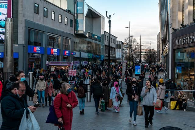 December 12 2020: Christmas shoppers outside Birmingham bullring shopping centre during Covid-19 pandemic