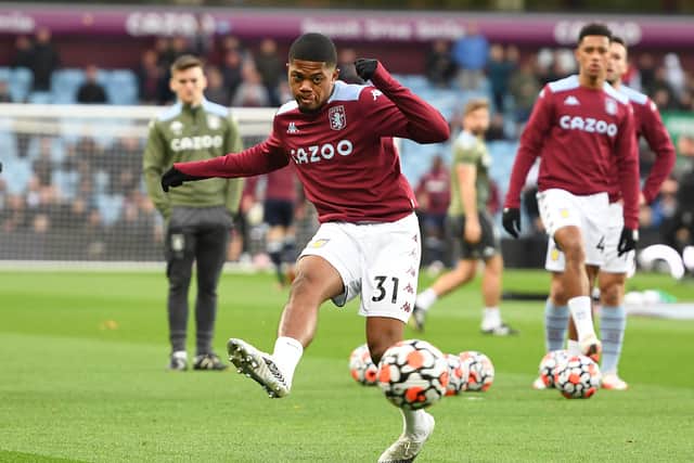 Leon Bailey of Aston Villa during the warm up prior to the Premier League match between Aston Villa and West Ham United at Villa Park