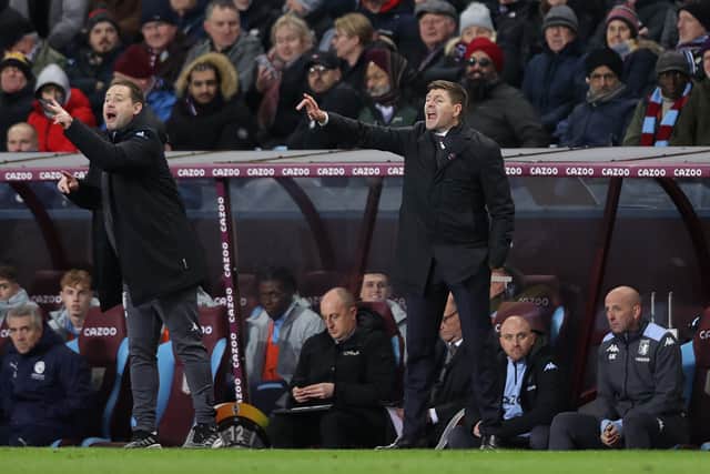 Steven Gerrard, Manager of Aston Villa gives their side instructions during the Premier League match between Aston Villa and Manchester City at Villa Park