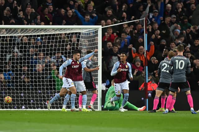 Emiliano Buendia of Aston Villa celebrates after scoring their sides first goal during the Premier League match between Aston Villa  and  Leicester City at Villa Park