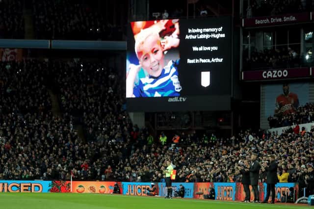 <p>Villa Park tribute to Arthur Labinjo Hughes at Aston Villa’s game against Leicester City</p>