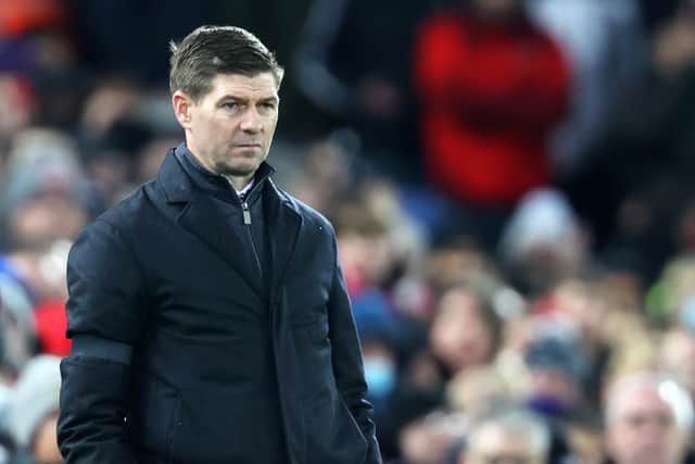 <p>Steven Gerrard, Manager of Aston Villa looks on during the Premier League match between Liverpool and Aston Villa</p>