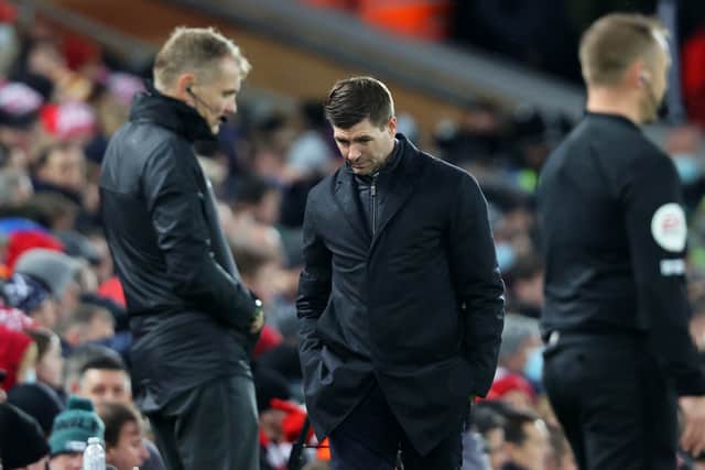 Steven Gerrard, Manager of Aston Villa looks on during the Premier League match between Liverpool and Aston Villa