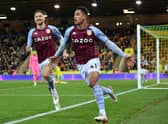Jacob Ramsey of Aston Villa celebrates after scoring their side's first goal during the Premier League match between Norwich City and Aston Villa at Carrow Road