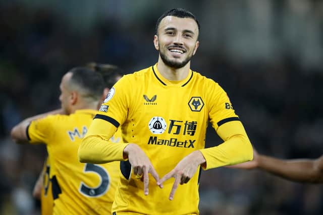 Romain Saiss of Wolverhampton Wanderers celebrates after scoring their sides first goal  during the Premier League match between Brighton & Hove Albion and Wolverhampton Wanderers