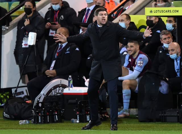 Steven Gerrard, Manager of Aston Villa reacts during the Premier League match between Norwich City and Aston Villa