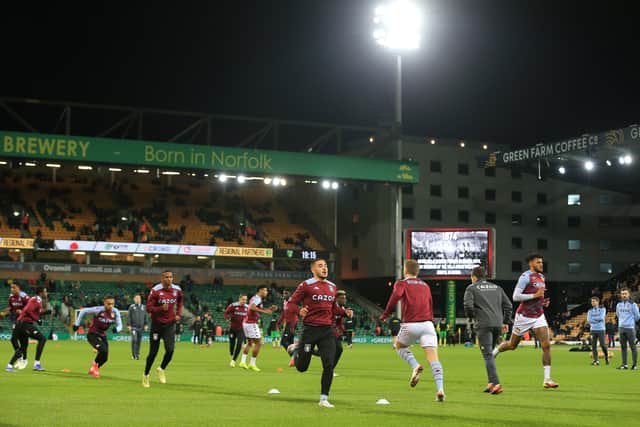 A general view inside the stadium as the players of Aston Villa warm up prior to the Premier League match between Norwich City and Aston Villa