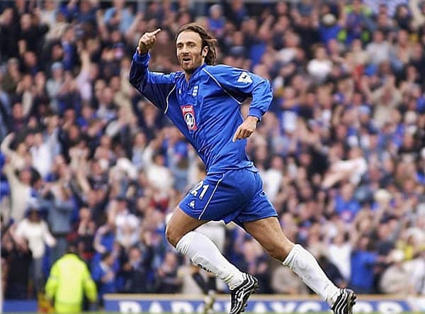 Christophe Dugarry celebrates after scoring against Southampton. Photo by Shaun Botterill/Getty Images