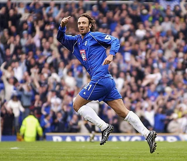 <p>Christophe Dugarry celebrates after scoring against Southampton. Photo by Shaun Botterill/Getty Images</p>