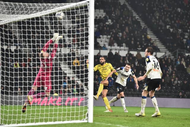 Kyle Bartley of West Bromwich headers is saved by Ryan Allsop of Derby during the Sky Bet Championship match between Derby County and West Bromwich Albion at Pride Park Stadium